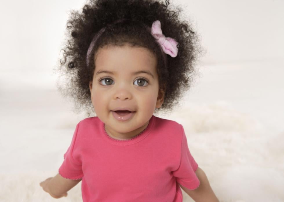 Closeup of an African American baby girl smiling.