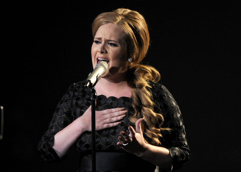 Adele singing at microphone.