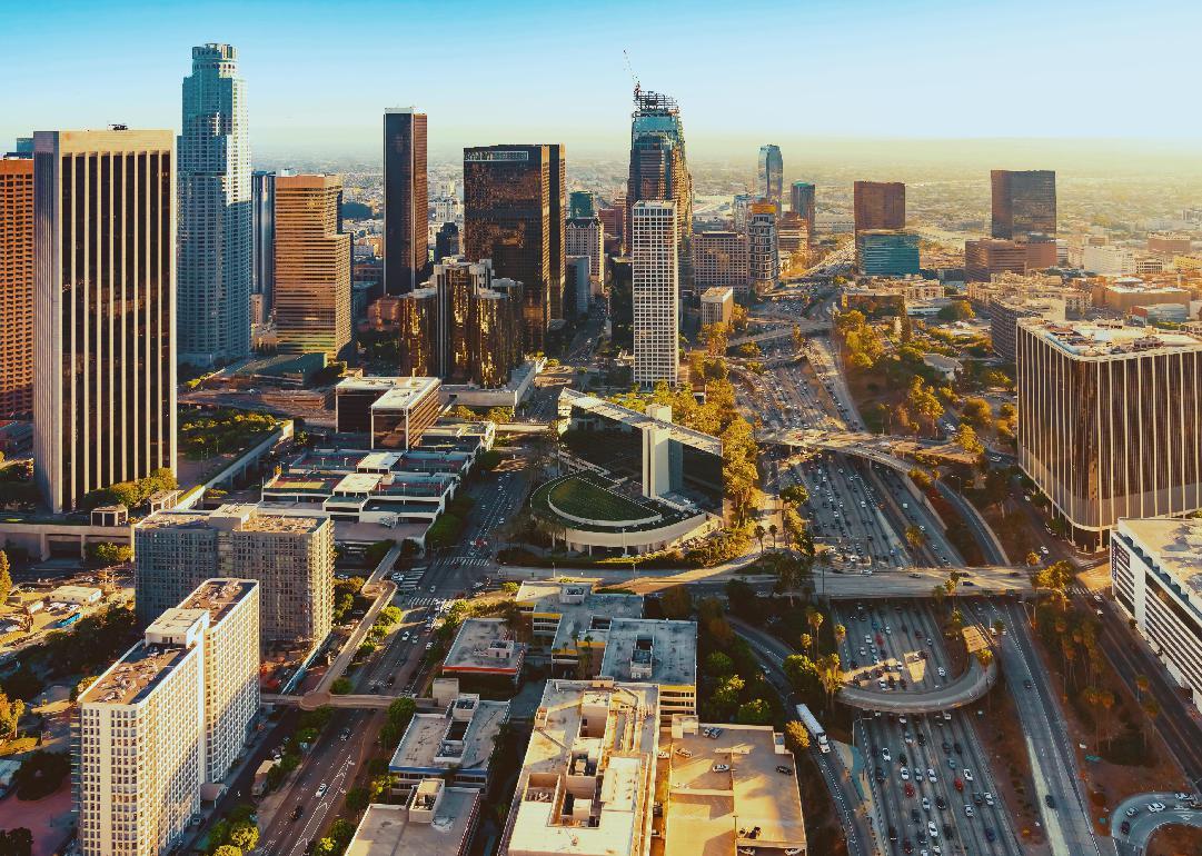 Aerial view of a Downtown Los Angeles at sunset.