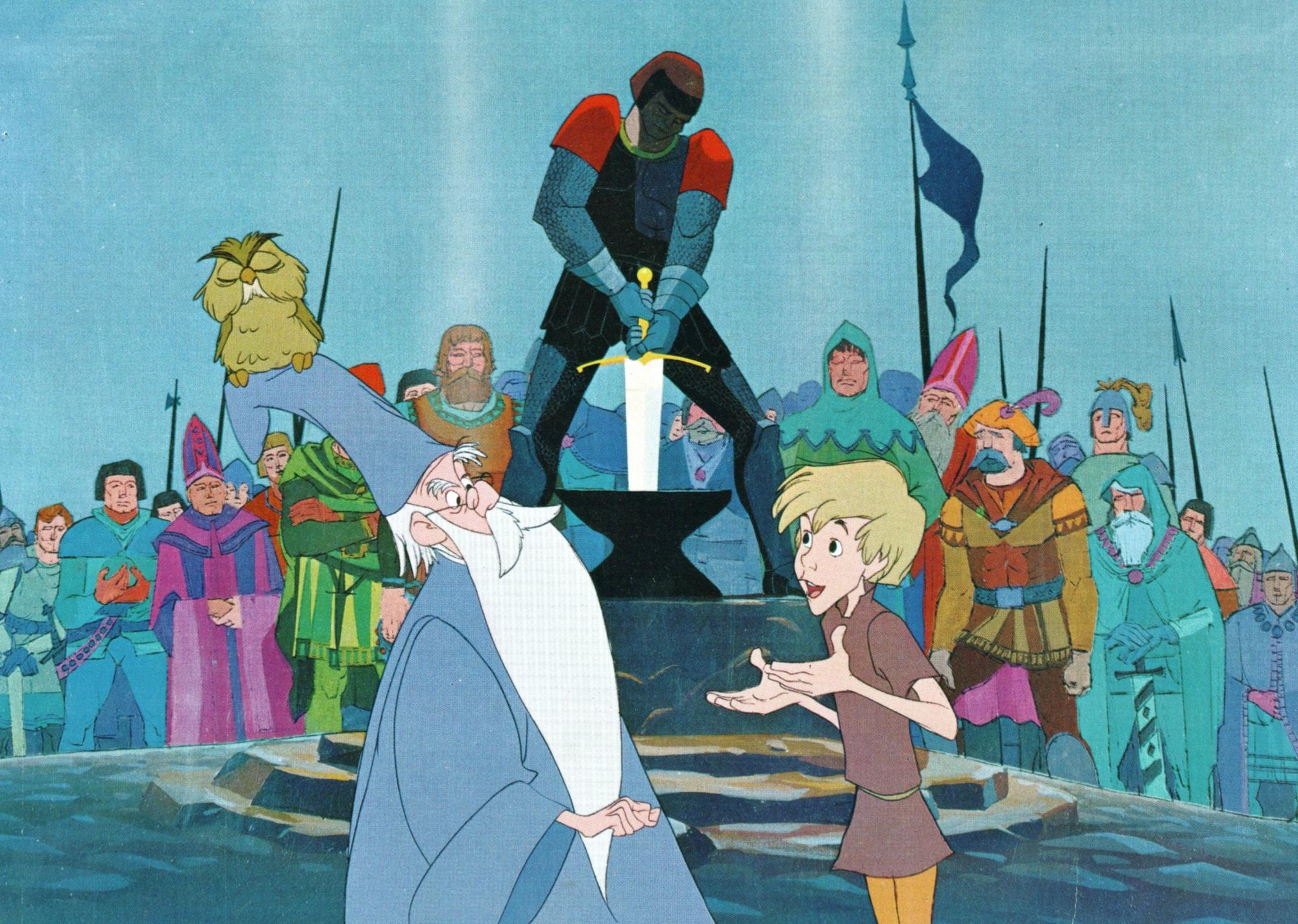 A cartoon of a boy talking to a wizard in front of a man with a sword and a big crowd.