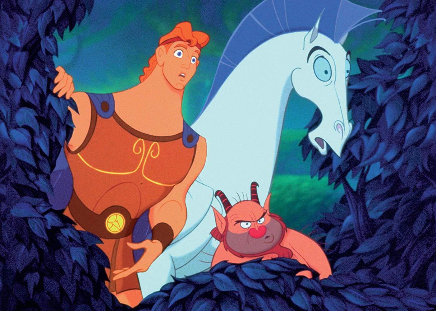 A cartoon of a man in armor, a small creature and a horse peeking out of the bushes.