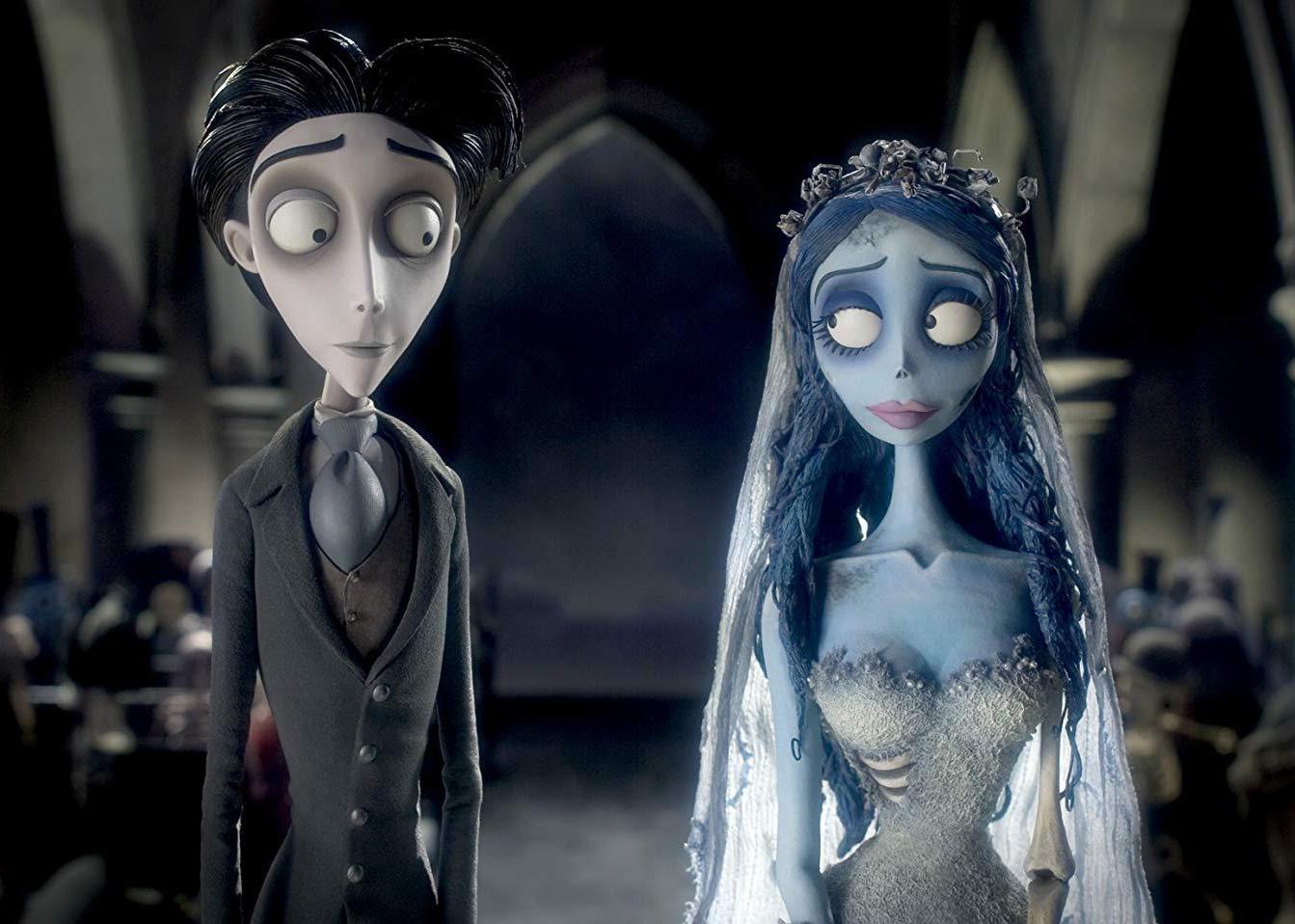 A dark animation of a bride and groom.