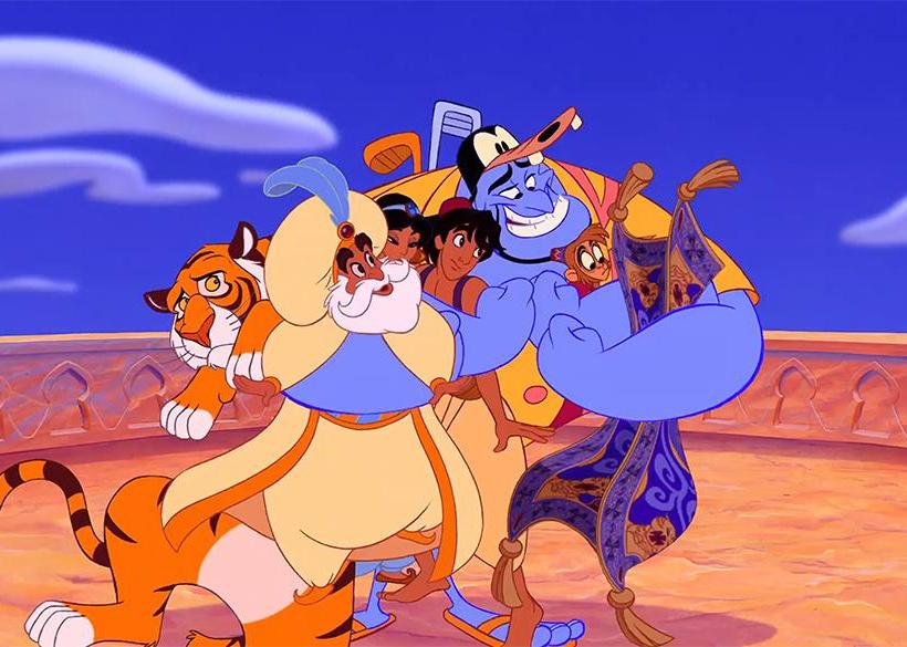 A cartoon of the cast of Aladdin in a group hug.