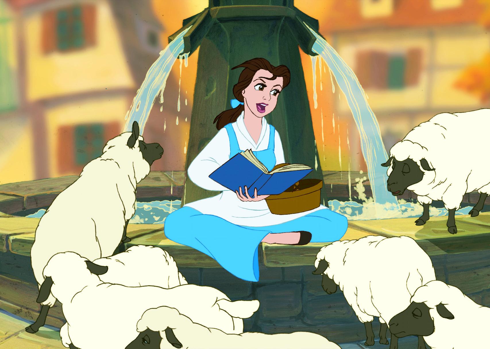 A cartoon of a young woman in a blue dress sitting in a water fountain singing to some sheep.