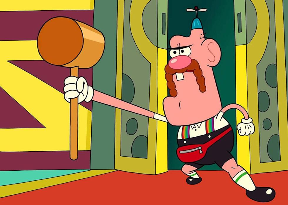 A cartoon man with rainbow suspenders holds a giant mallet.