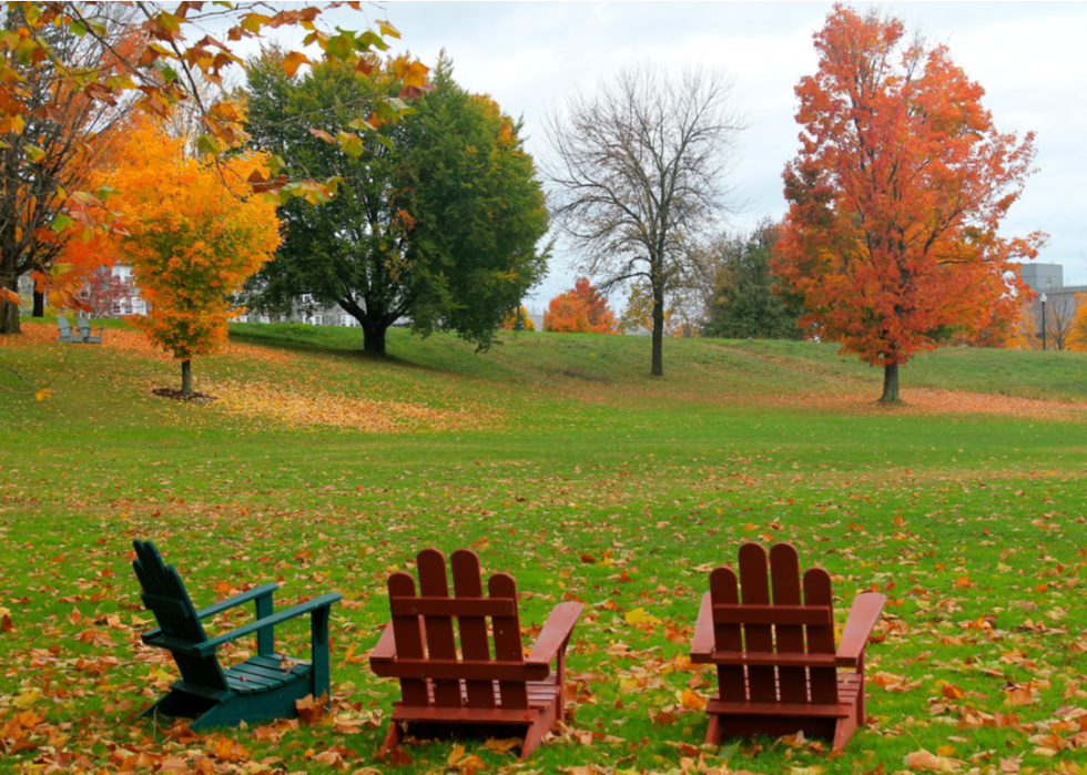 Adirondack chairs and fall foliage on the campus of Middlebury College.