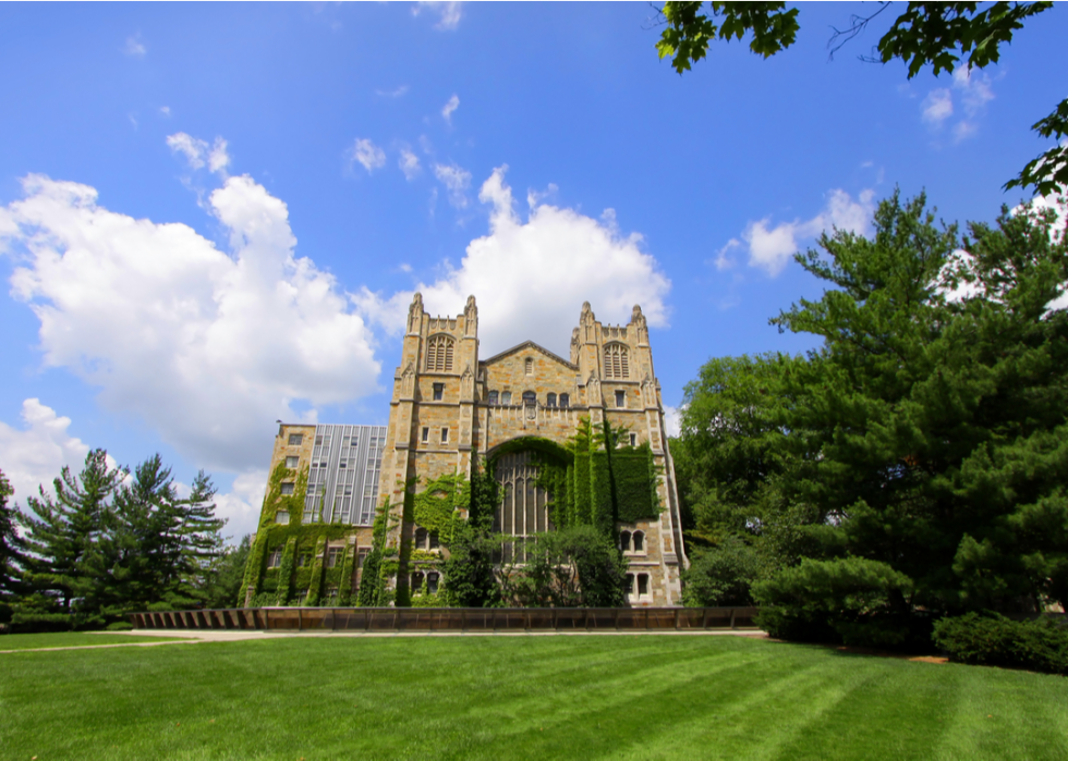 An exterior view of a campus building with blue sky and a green lawn.