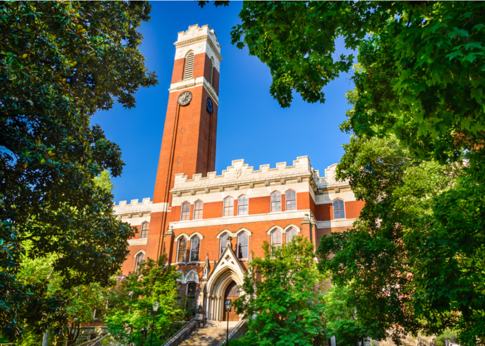 A clock tower is seen through green leaves on the campus of Vanderbilt University.