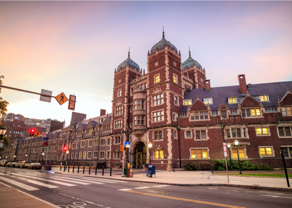 The Fisher Hassenfeld College House on the campus of the University of Pennsylvania as seen from across the street..