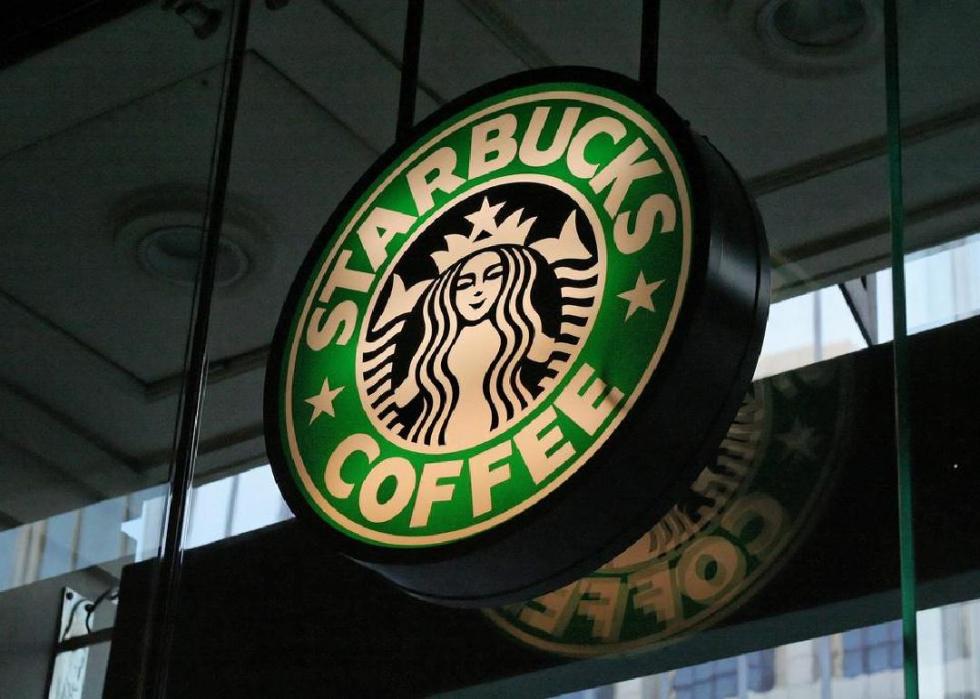 Close-up image of Starbucks' logo at one of its locations. 