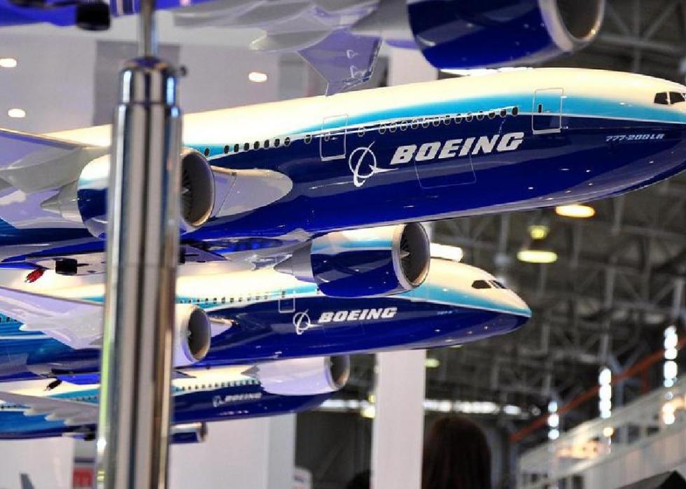 Row of blue-and-white Boeing planes.