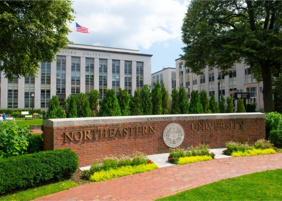 Brick Northeastern University sign at the Krentzman Quadrangle.
