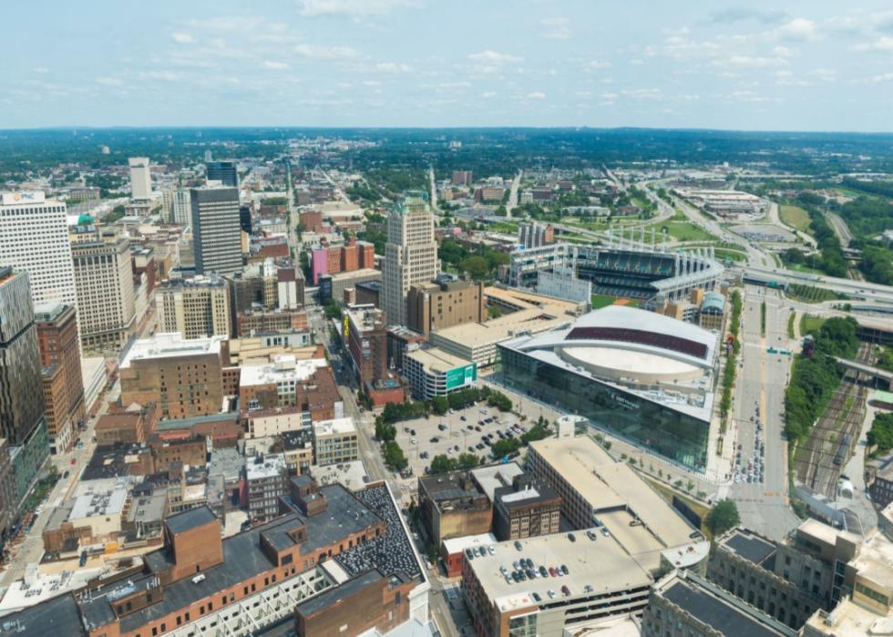 Aerial view of Cleveland, Ohio and Rocket Mortgage FieldHouse.