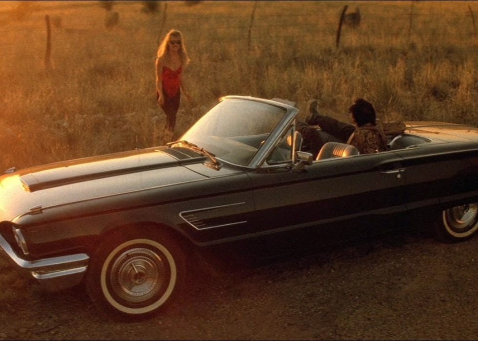 Nicolas Cage sits in the back of a classic car looking at a smiling Laura Dern standing in front of the sunset.