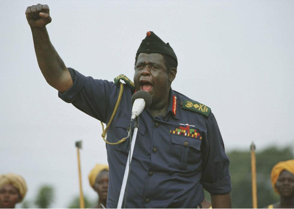 Forest Whitaker as a dictator giving a speech.