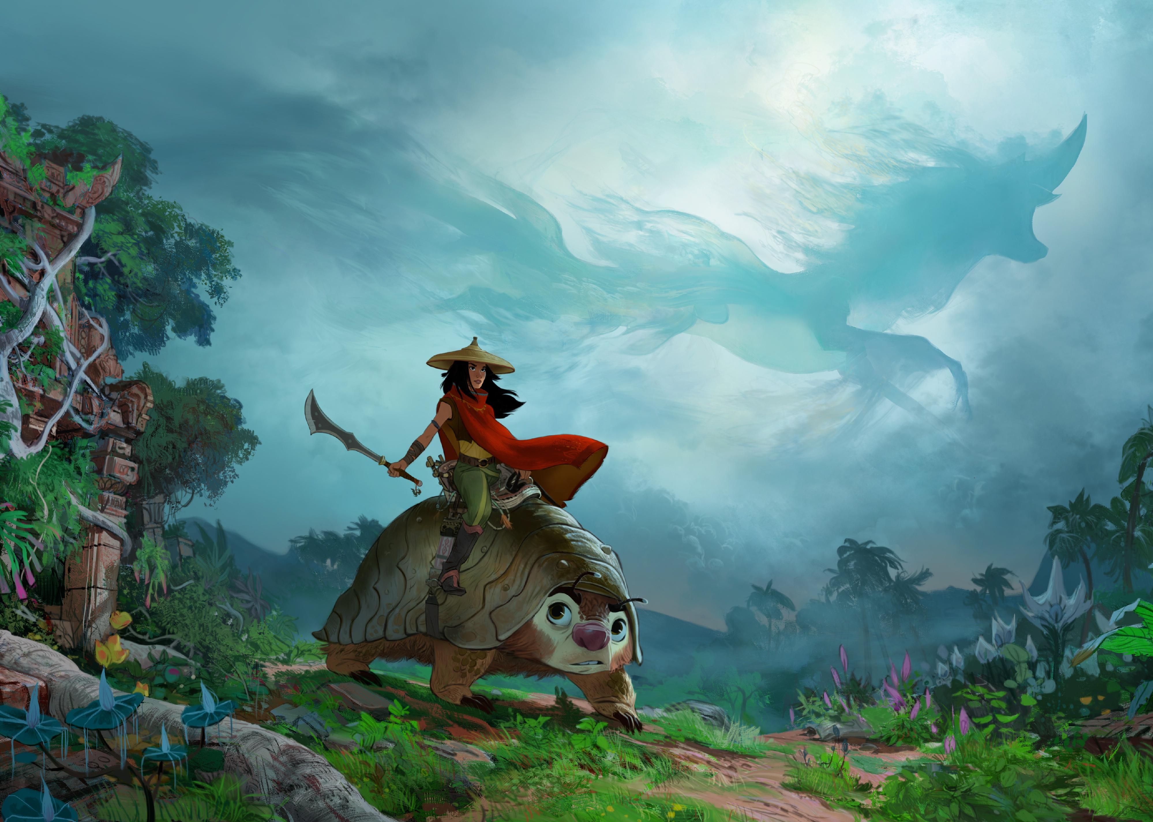An animation of a woman riding a shelled creature in a jungle with a horse-shaped cloud in the background.
