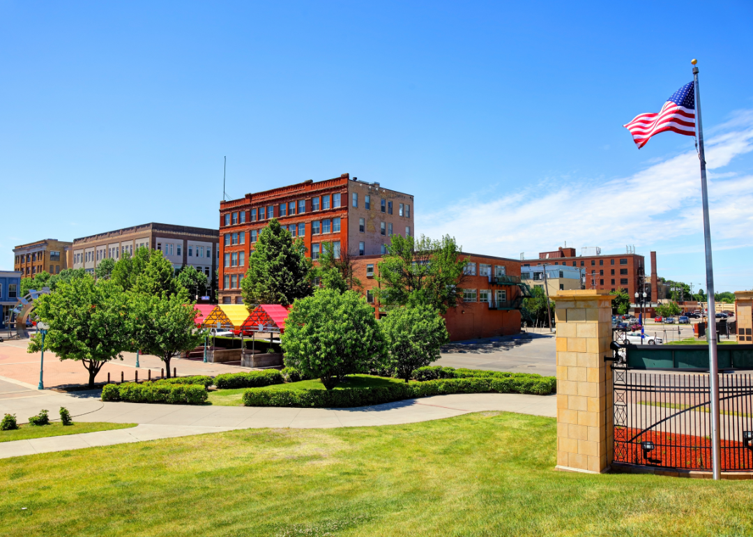 An American flag flying in downtown Grand Forks.