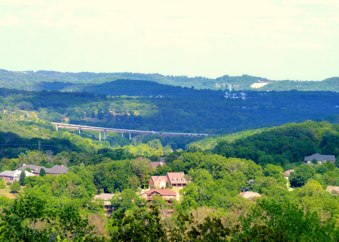 An overpass running through a forest with homes nestled in the foreground.