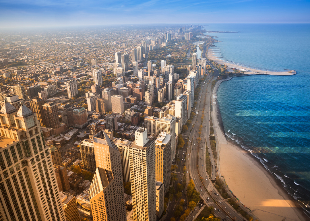 An aerial view of downtown Chicago on the water.