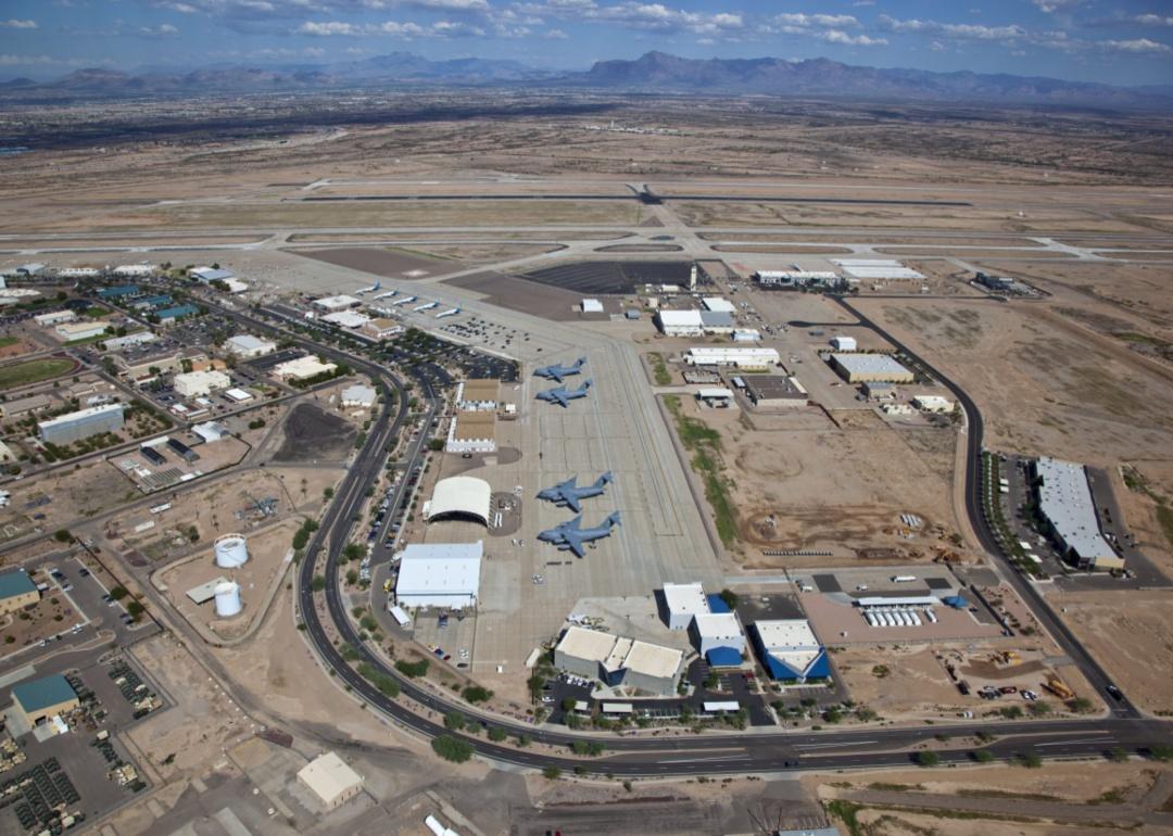 An aerial view of Phoenix Mesa airport in a desert landscape.
