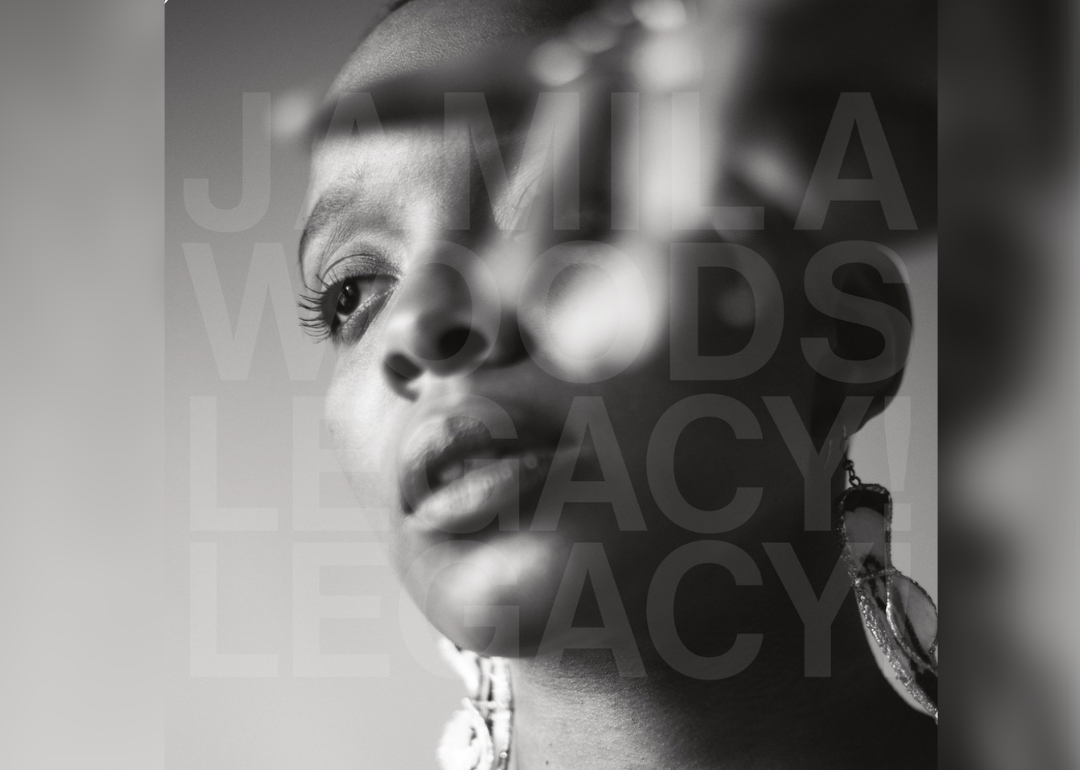 Jamila Woods in black and white with words in white over her face.