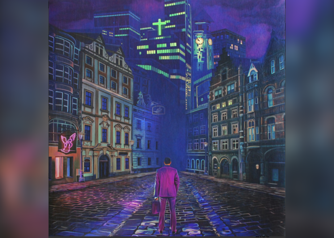 A drawing of a man in a purple suit facing a road to a city with a neon angel and cross on the buildings.
