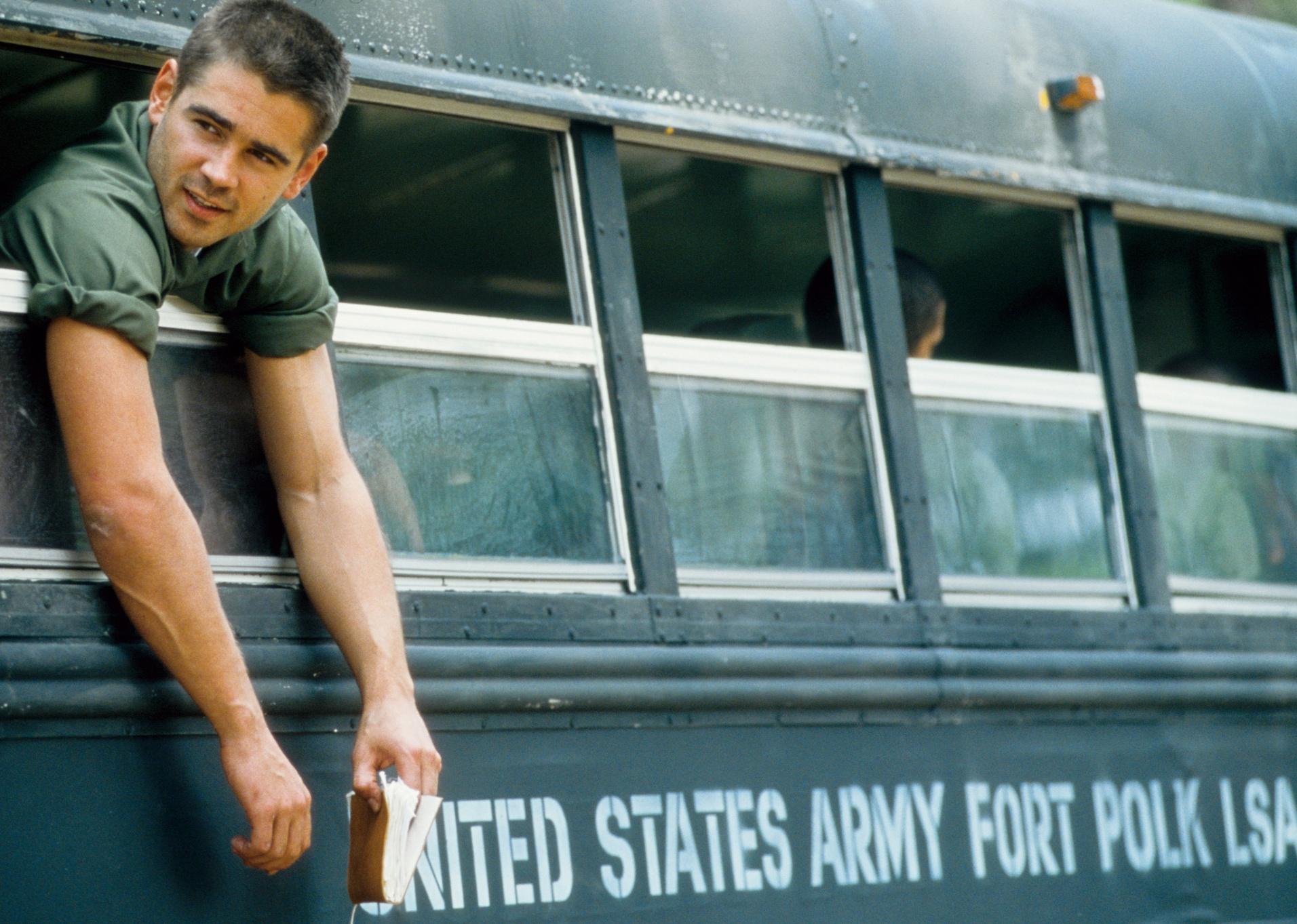 Colin Farrell hanging out of a window on a US Army bus.