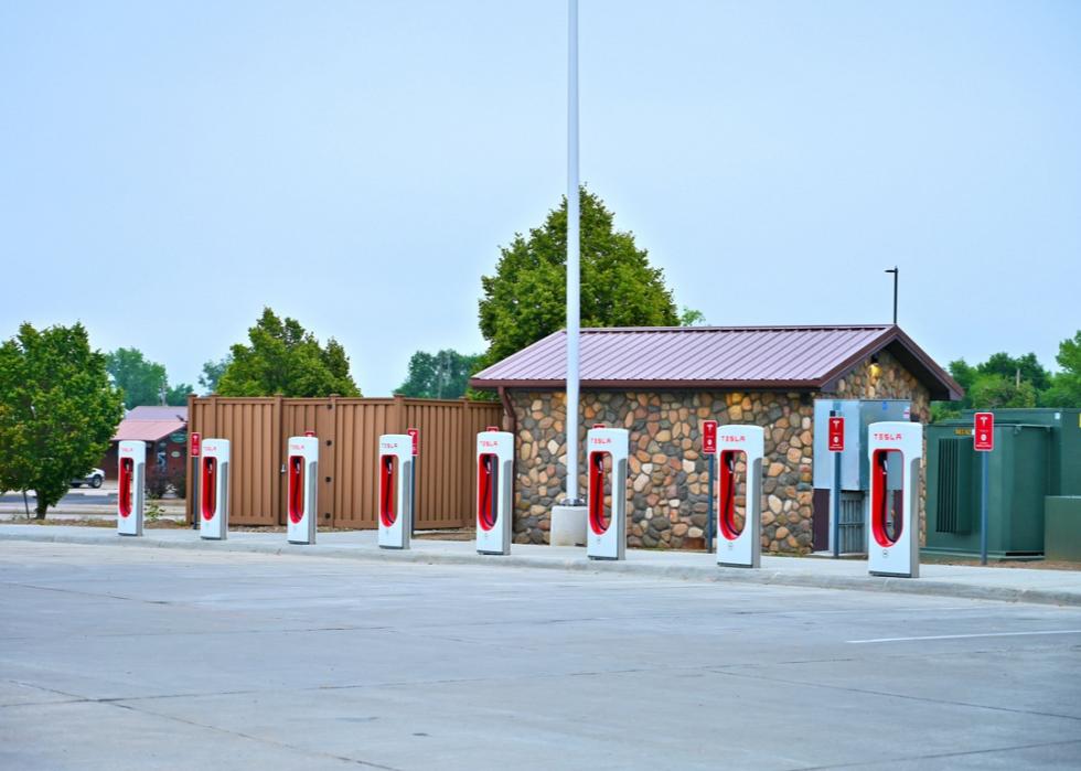 Row of electric car charging stations.