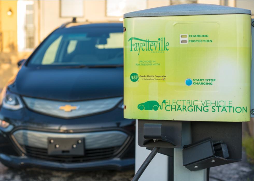 Electric vehicle charging station in Fayetteville, Arkansas.