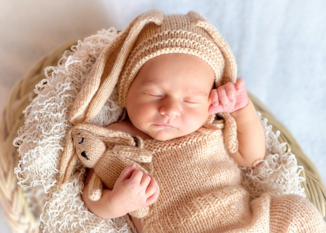A sleeping baby wearing a brown hat with ears and holding a bunny.