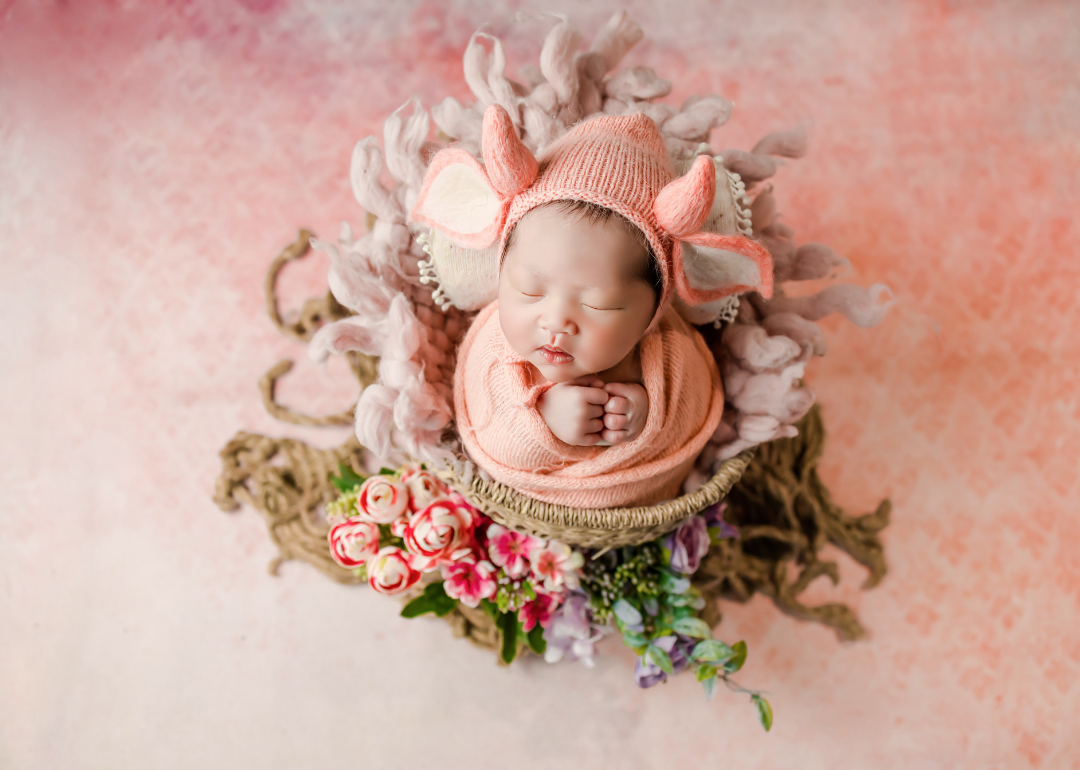 A baby in a peach outfit with ears inside a basket of flowers.