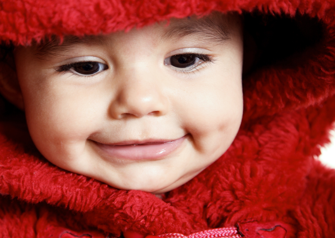 A baby in a red fuzzy hooded jacket.
