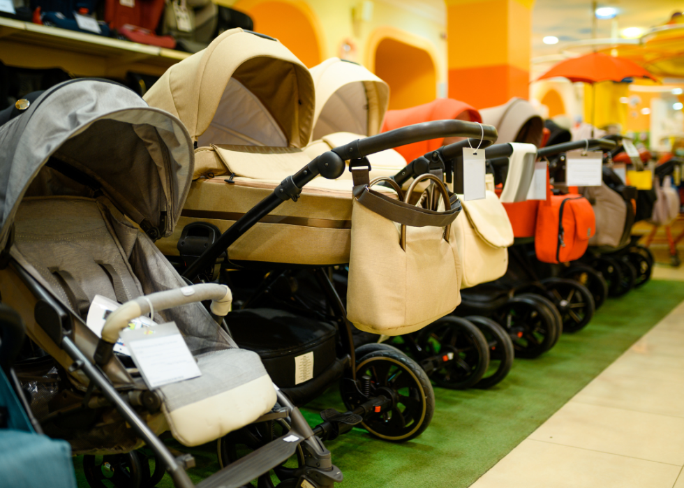 A row of baby strollers in a store.