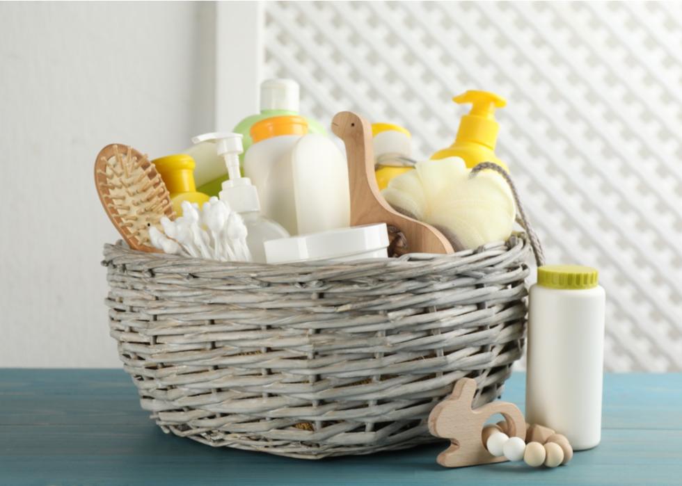 A basket of baby bath products.