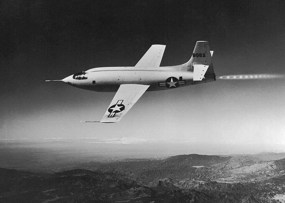 Pictured: The #46-062 Bell X-1 rocket-powered experimental aircraft photographed during a test flight, 1947.