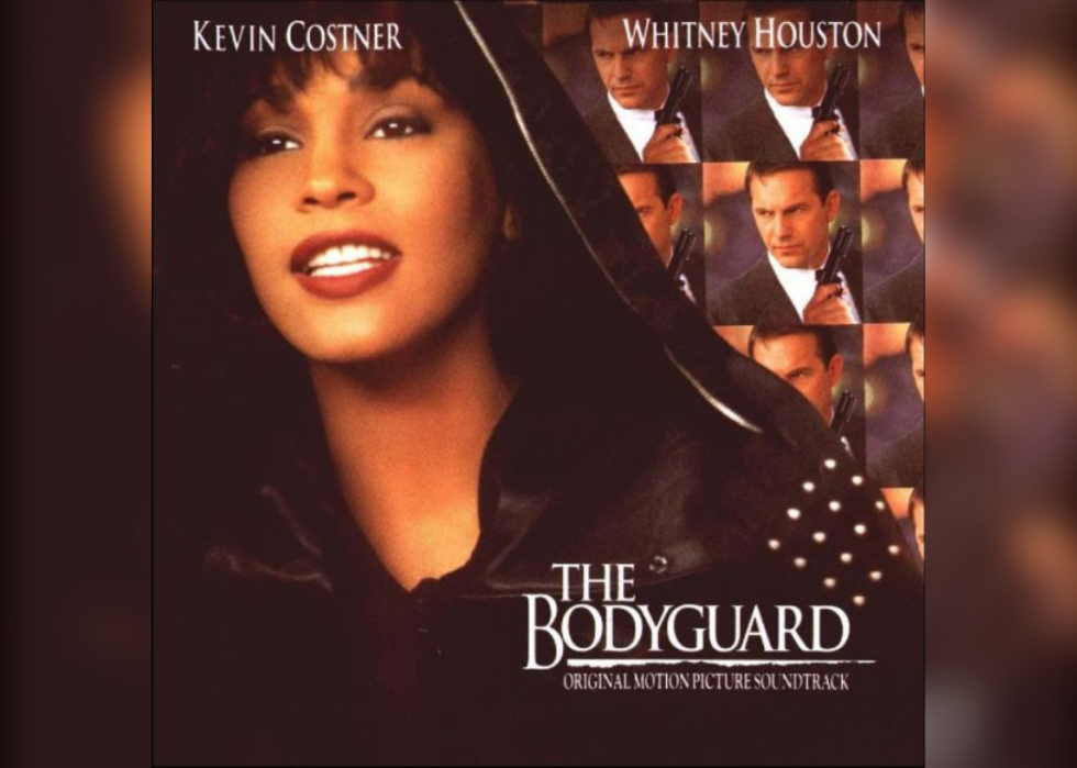Whitney Houston and Kevin Costner on the movie poster and soundtrack of The Bodyguard.