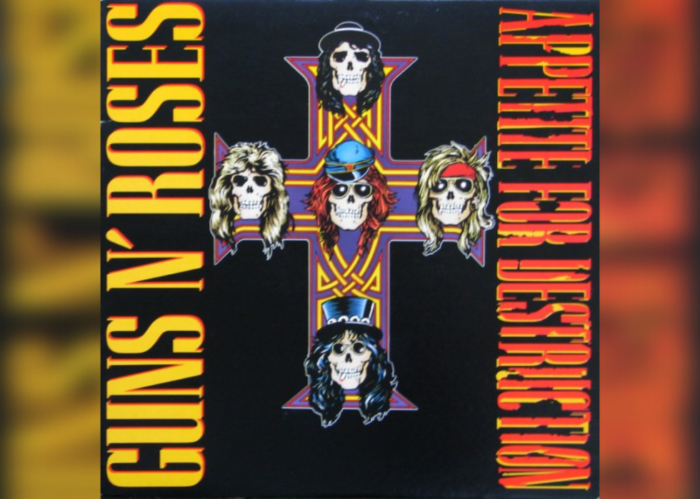 Band members of Guns N' Roses as skulls with hair on a cross.