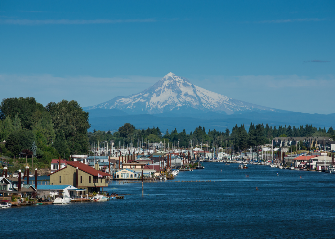 Boats on the water with Mt. Hood in the background.