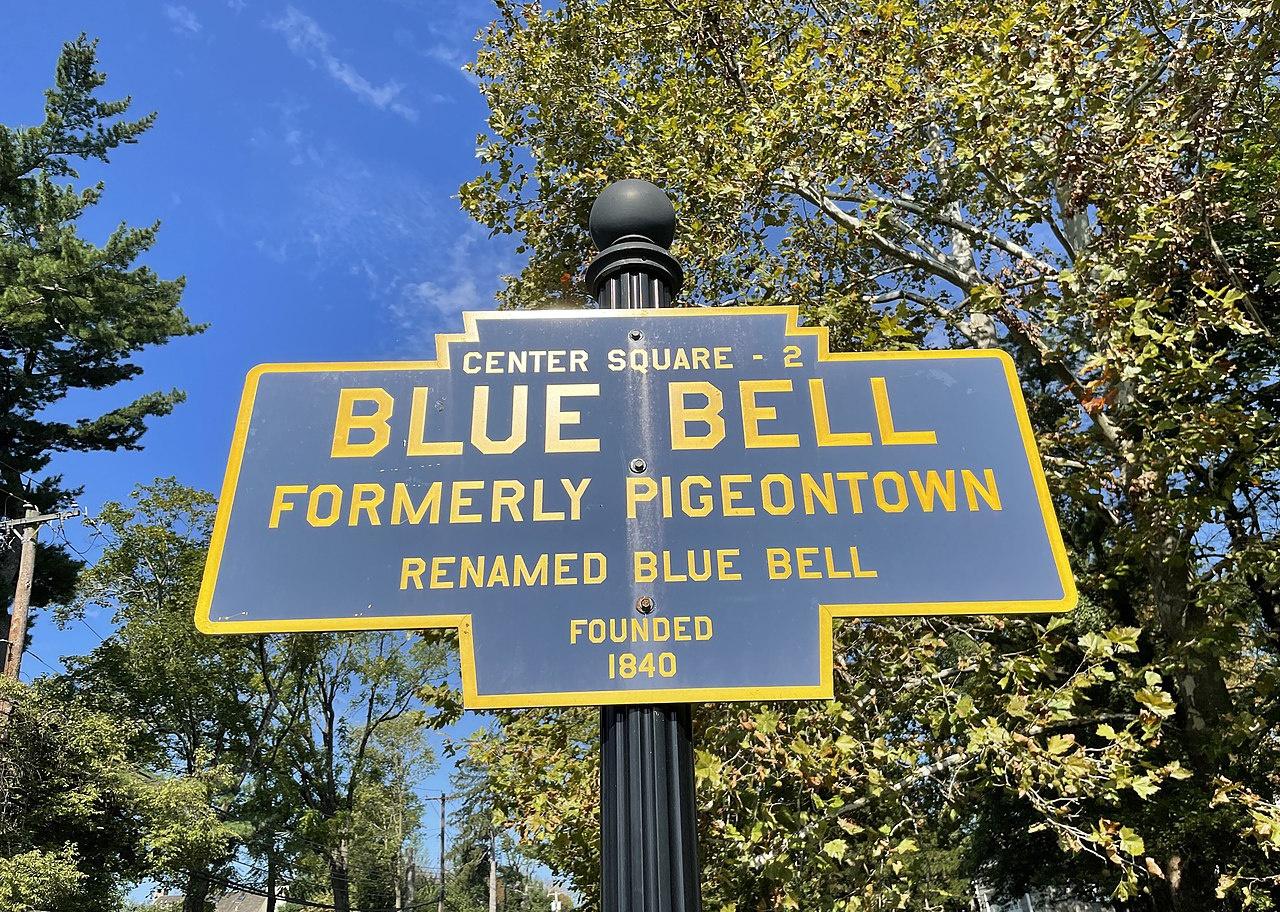 A blue sign for Blue Bell, Pennsylvania.