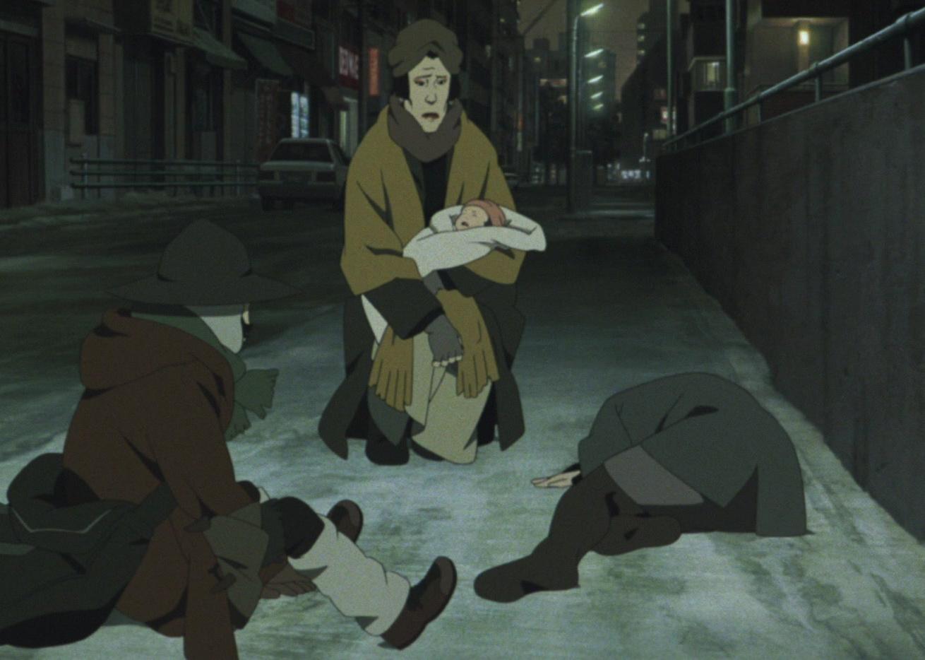 Three homeless people with a newborn baby.