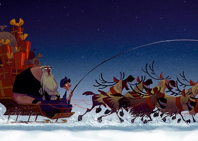 A man with a long beard in a sleigh full of presents led by a team of reindeer.