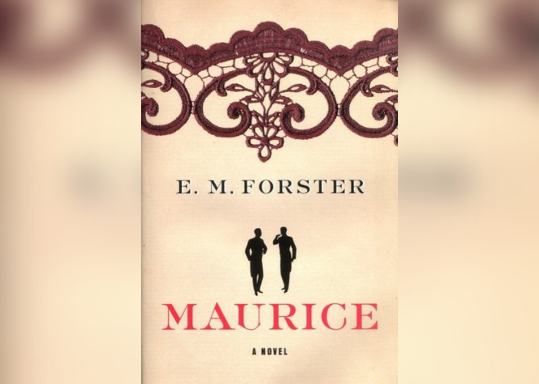 Two silhouettes standing together on a cream colored cover with brown lace across the top.