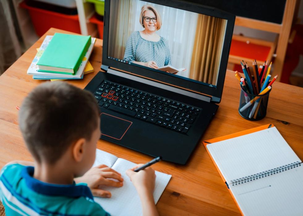 A child doing distance learning on a laptop.