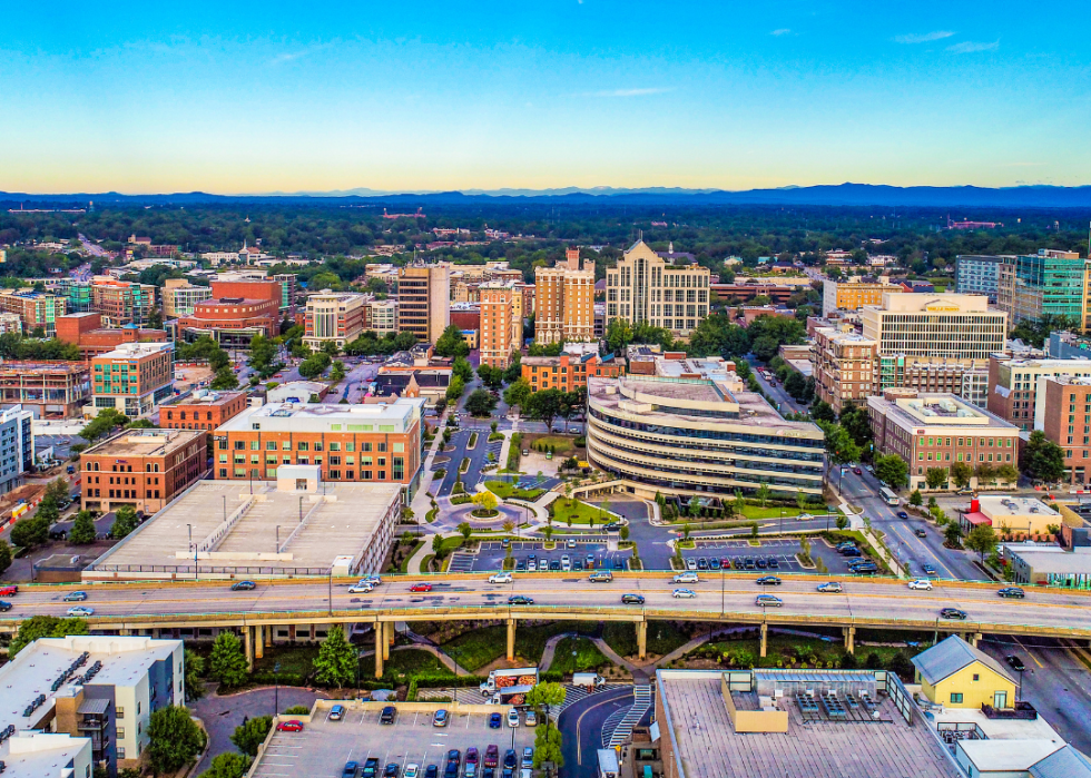 Aerial view of downtown Greenville, South Carolina skyline.