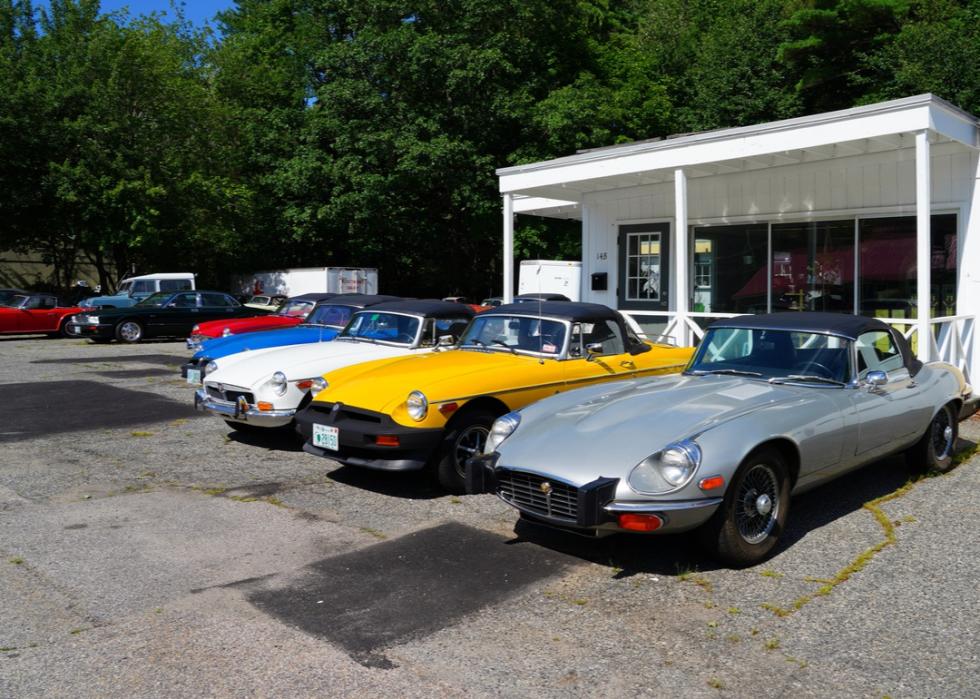 Vintage cars at a used dealership in Portsmouth, New Hampshire.