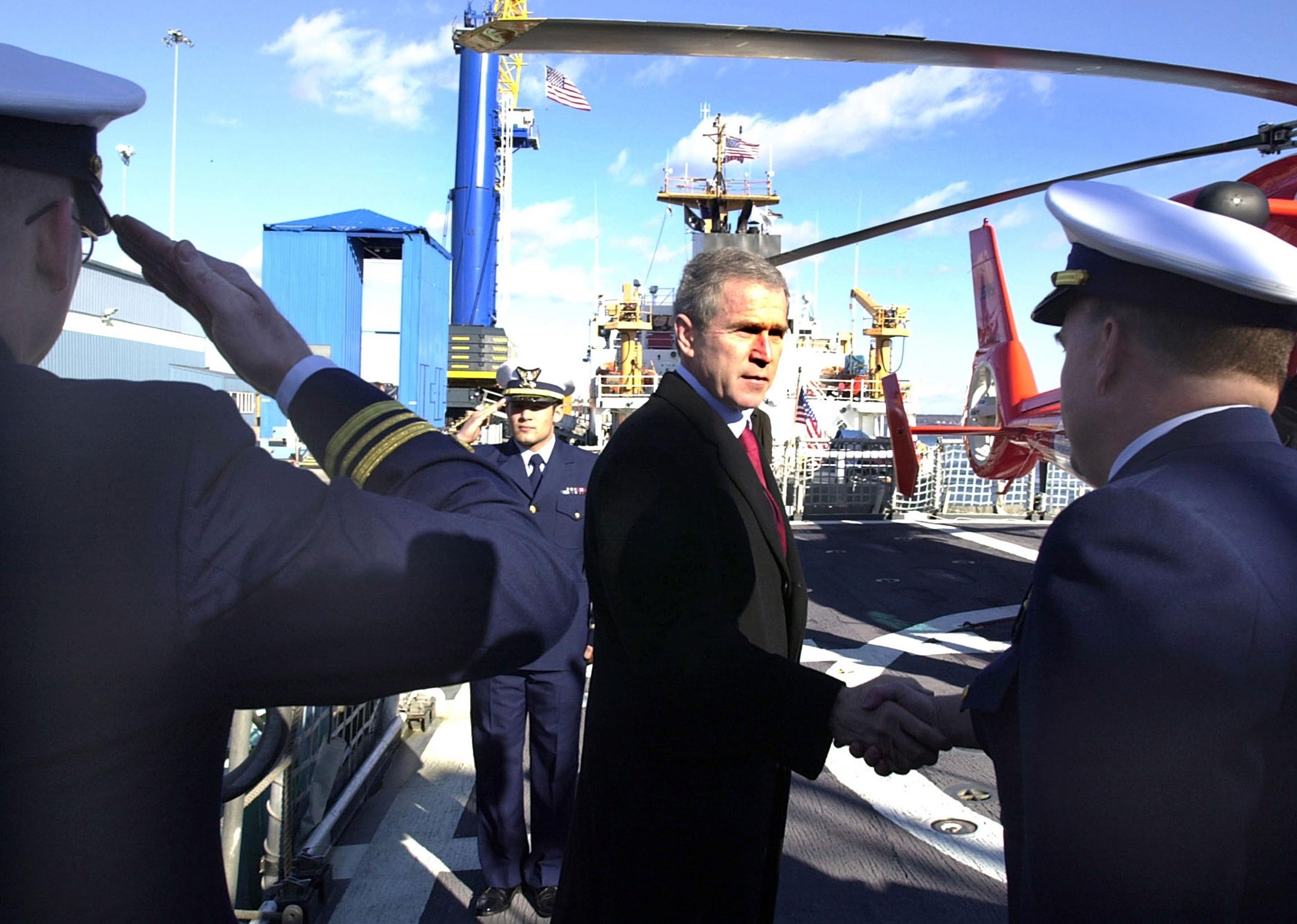President George W. Bush visits the U.S. Coast Guard cutter Tahoma in Portland, Maine.