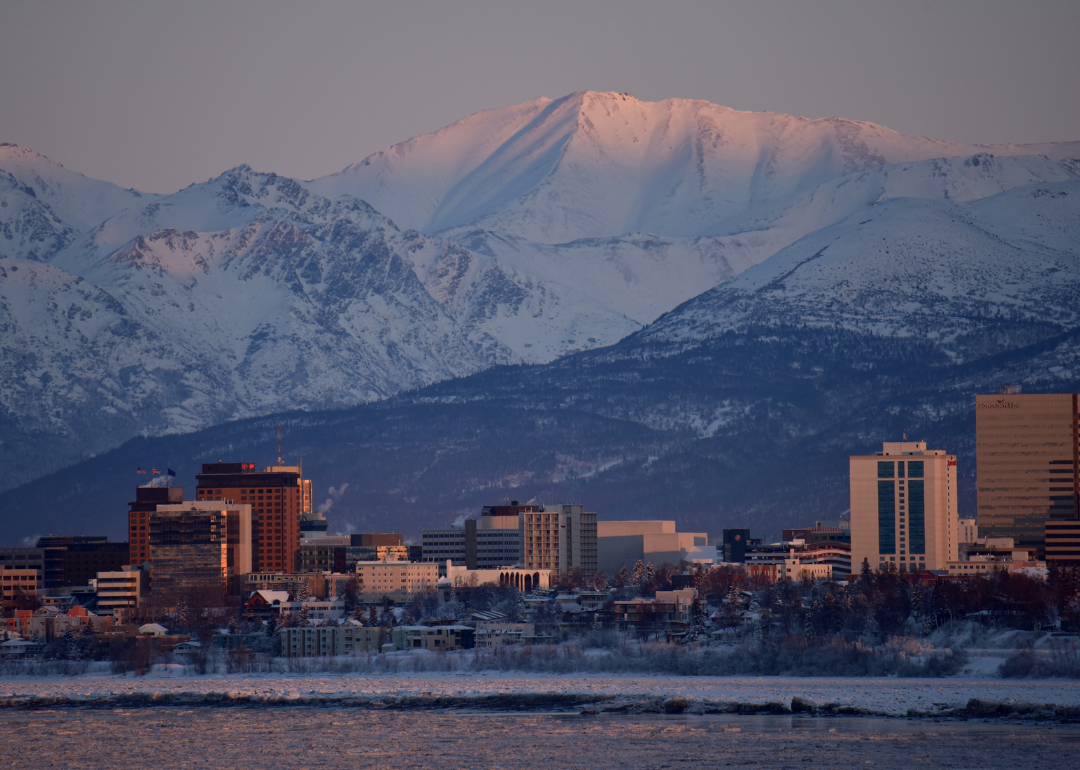 The Anchorage skyline with snowy mountains in the background.