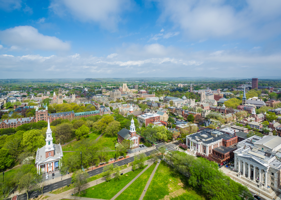 An aerial view of historic buildings in New Haven.