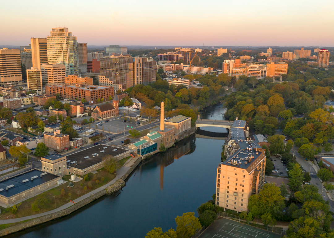 An aerial view of buildings by the river in Wilmington.