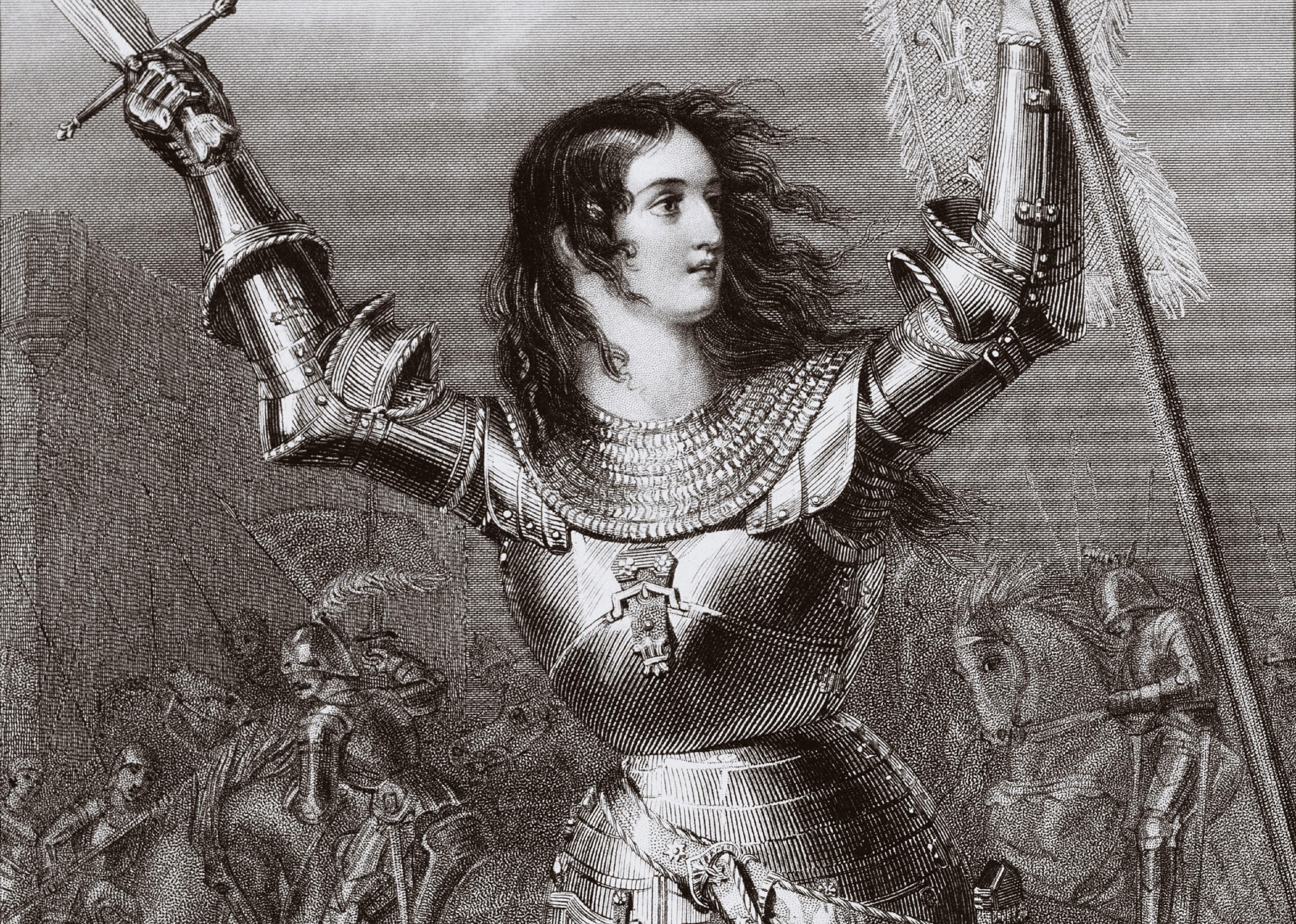 A drawing of Joan of Arc in armour with a sword.